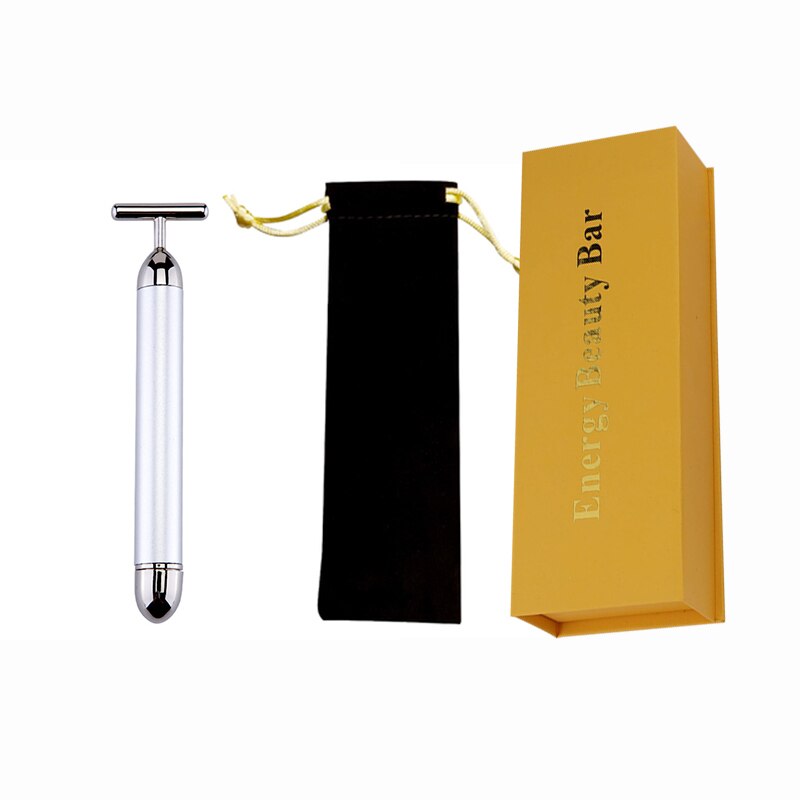 Rouleau électrique de Massage du visage, barre de beauté en or 24K, bâton de soins du visage vibrant et étanche: Silver with gift box