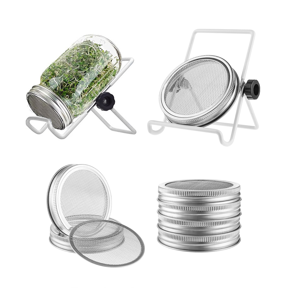 4Pack Sprouting Jar Lid Kit With 2Pack Sprouting Stands For Wide Jars Strainer Screen For Seed Sprouting Stainless Steel