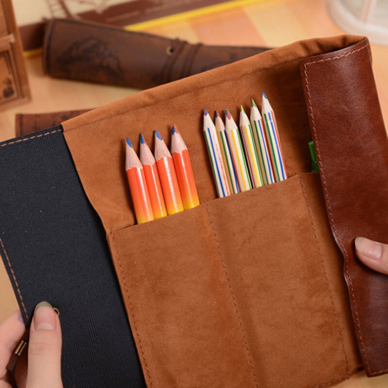 Retro Schatkaart Potlood Gevallen Luxe Roll Leer PU Pen Zak Pouch Voor Boy Girl School Briefpapier Levert Cosmetische Tas
