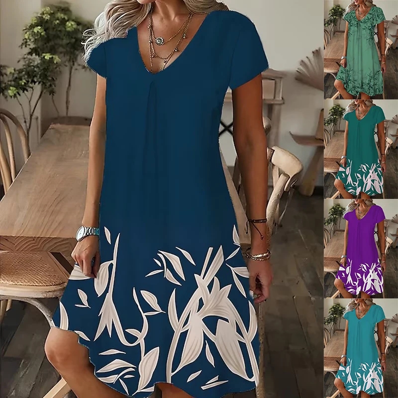 2024 Casual Losse V-Hals Dames Zomerjurk Print Feest Zomer Pullover Jurk Met Korte Mouwen Mode Plus-Size Jurk Voor Dames