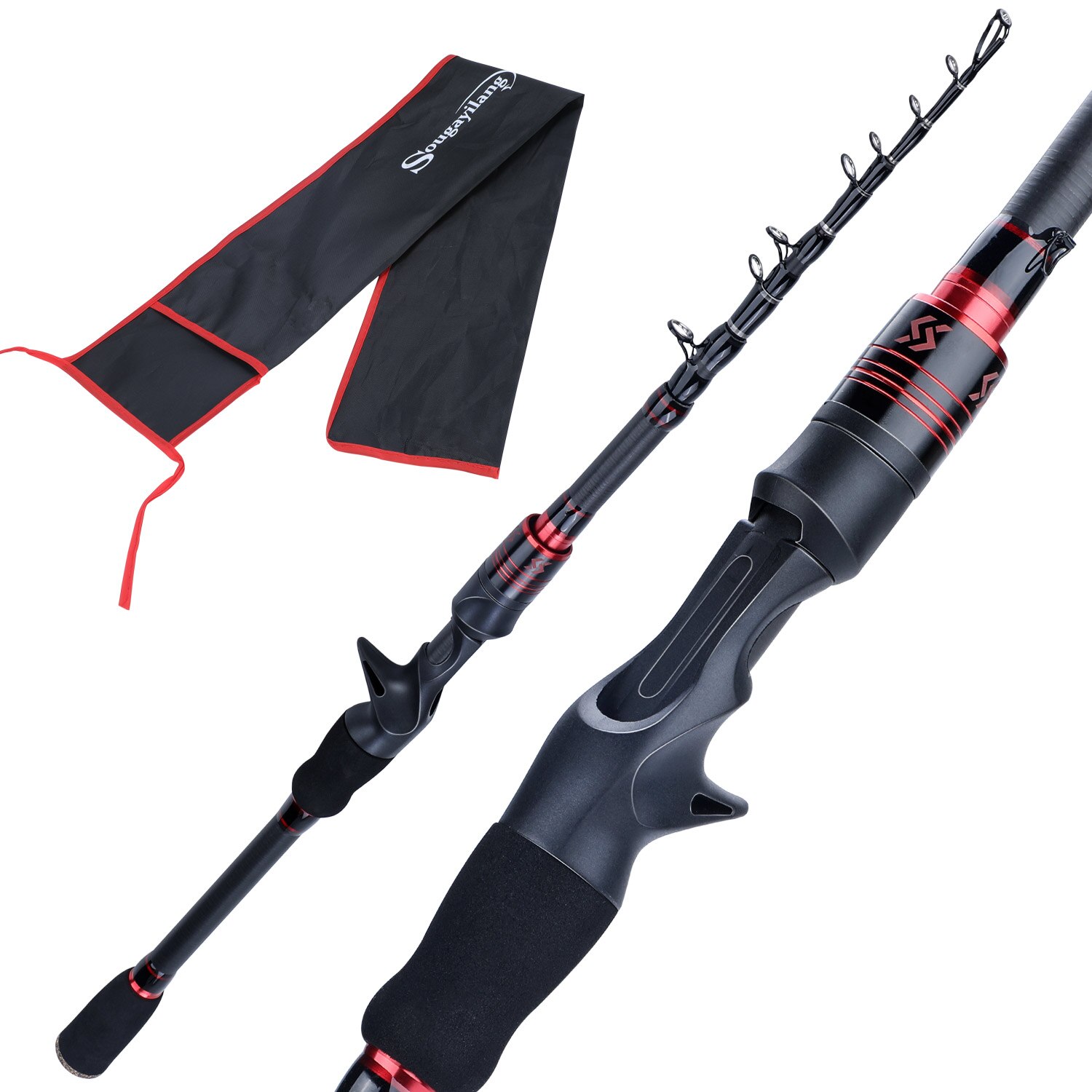 Sougayilang-canne à pêche télescopique Portable ultralégère, en Fiber de carbone, Spinning /Casting, pour voyage, 1.8M, 2.1M: Rouge / 2.1m rod -Spinning