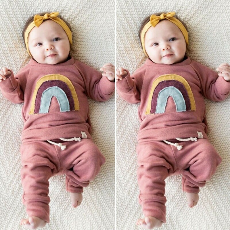 Regnbågskläder nyfödda barn flicka långärmade toppar långärmad tröja volangbyxor outfits höstkläder