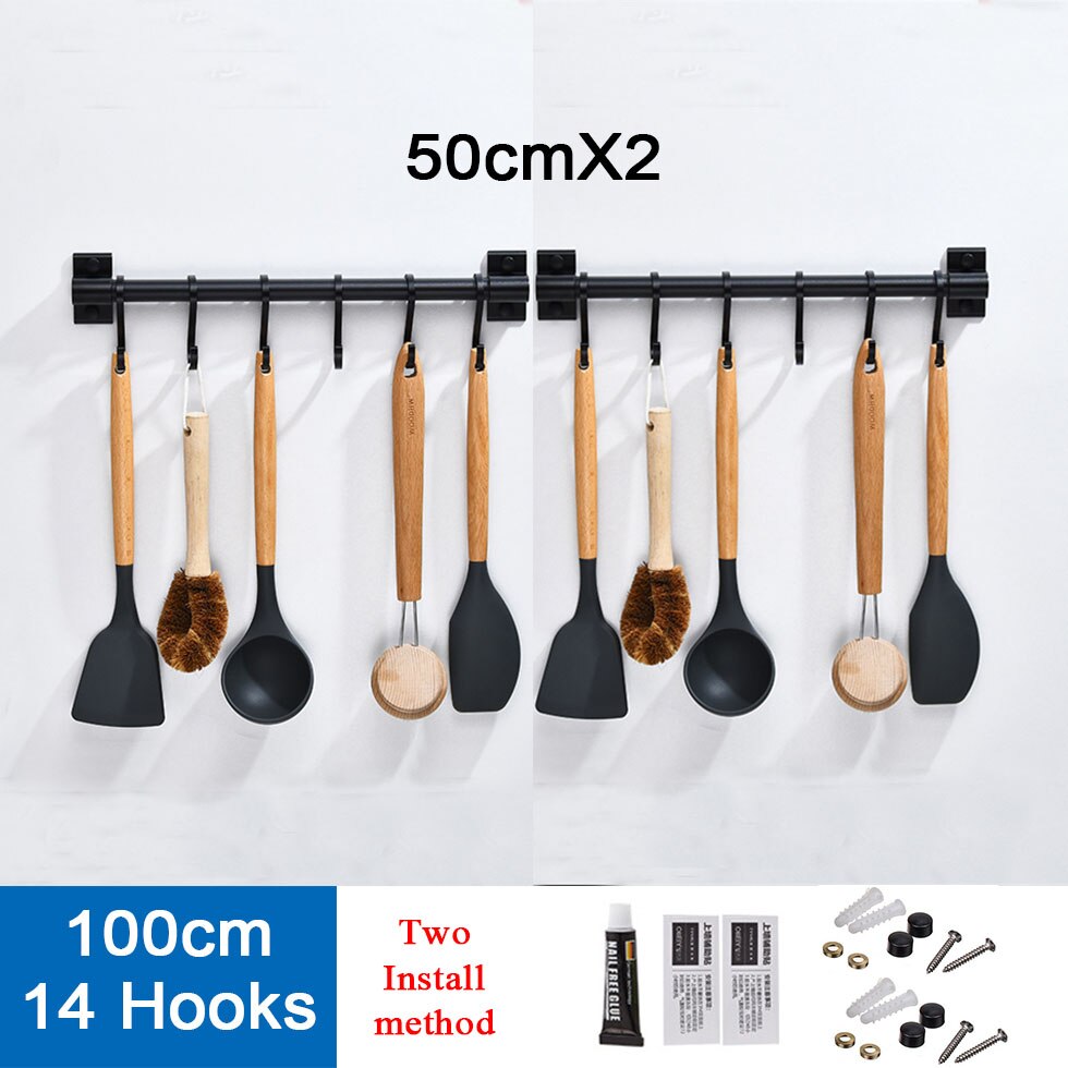 Black Kitchen Hook Rack Wall Mounted Pantry Tool Holder Kitchen Shelf Aluminum Pantry Bar for Kitchenware Utensil Storage Rack: 100cm