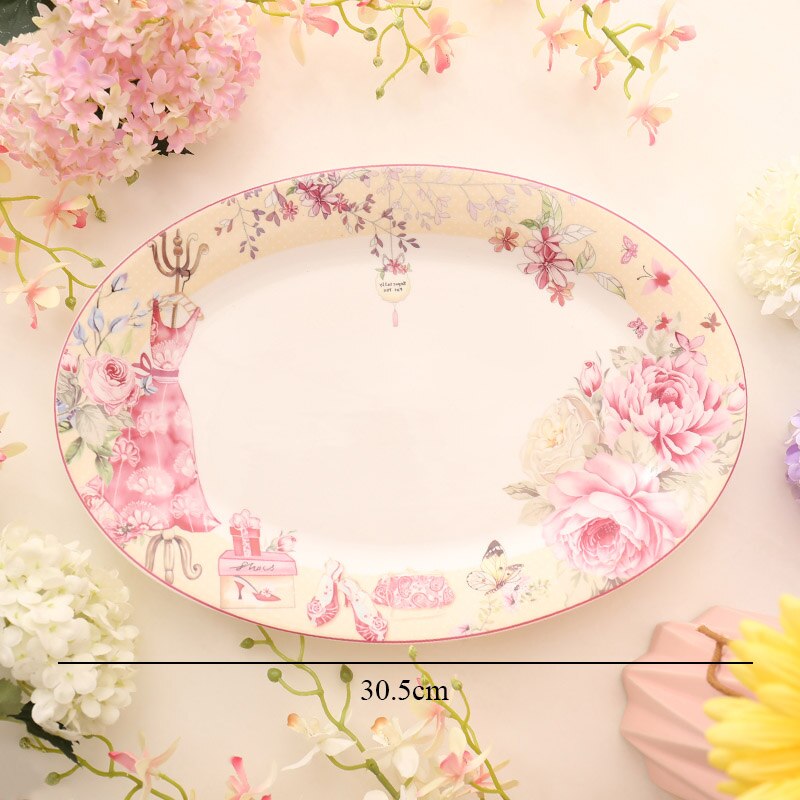 Plato de cerámica de flores para desayuno, platos de postre para pastel, estilo granja, plato de ensalada de frutas, hueso, bandeja de servicio para restaurante occidental: F