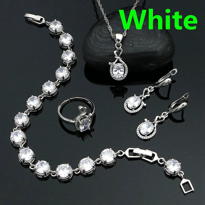 Weiß Topas Schmuck einstellen Silber 925 Offenen Ring Ohrringe Armbinde Kette Anhänger Klassische Hochzeit Zubehör für Frauen: Weiß