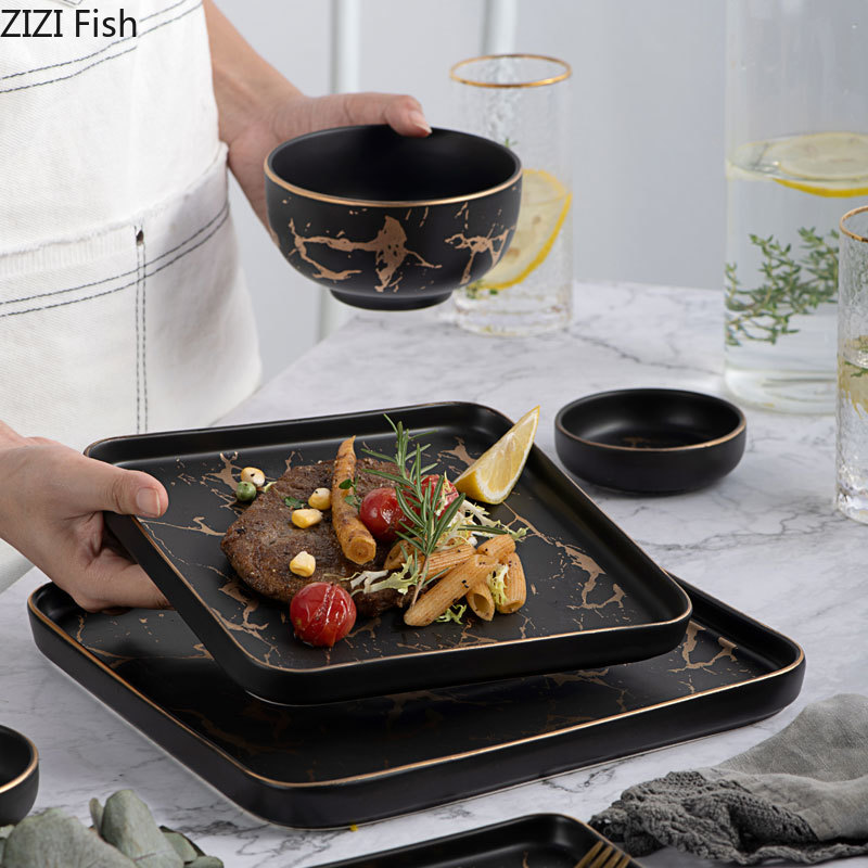 Quadrat Geschirr Marmor Platten Keramik Geschirr Gold Inlay Porzellan Nachtisch Platte Steak Salat Snack Kuchen Platten