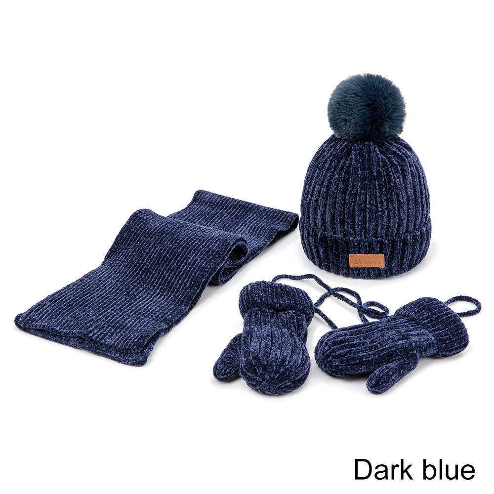 Reakids baby meisjes muts sjaal handschoenen set winter warme dikke muts met haarbal zachte comfortabele outdoor muts jongens katoenen muts pak: Donkerblauw