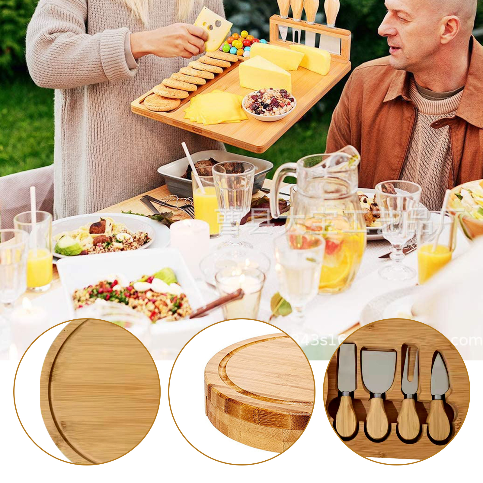 Bamboo Cheese Board Set With Round Board With 4 Stainless Steel Knives And Fork Suitable Use For Picnics And Parties