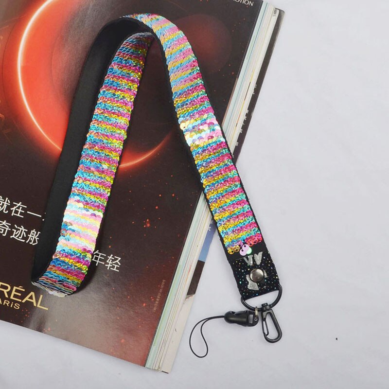 Moda dupla cor lantejoulas tecido de banda larga ajustável cordão do telefone móvel para o iphone 11 xs correia pescoço pendurar corda