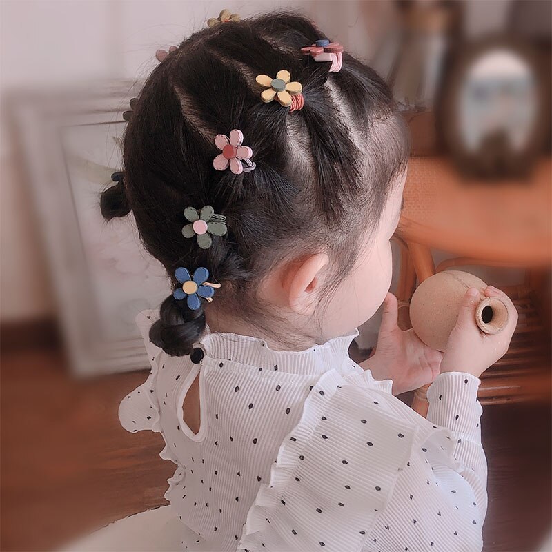 Lazos de ganchillo de lana para niños pequeños, lazos para el pelo, cuerda de fieltro de flores de madera, cintas para el pelo para niñas sonrientes, accesorios para el cabello, 10 unids/set por juego