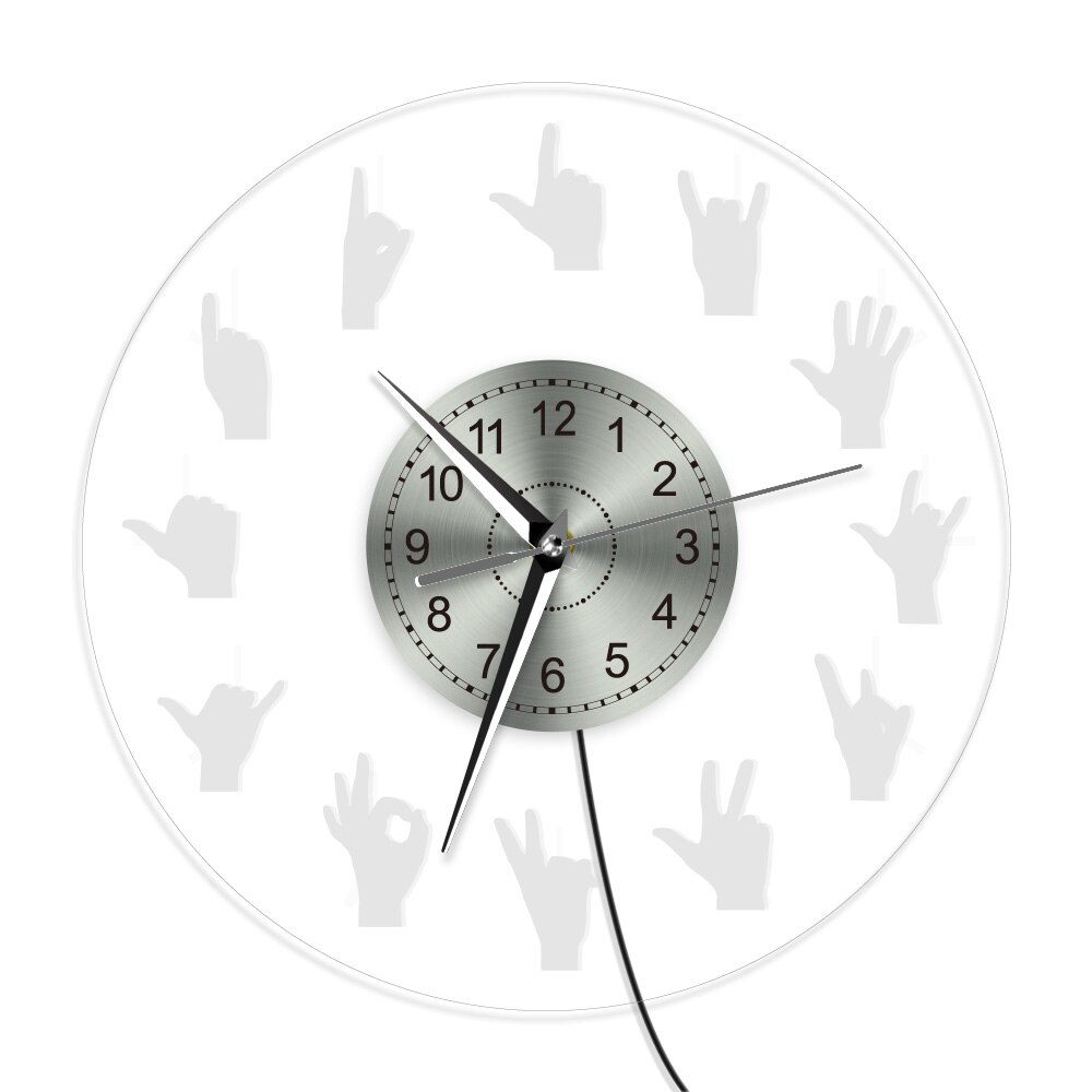 Hand Signs LED Neon Wall Clock Acrylic LED Edge Lit Hanging Wall Watch Hand Gestures Vintage Illuminated Wall Clock