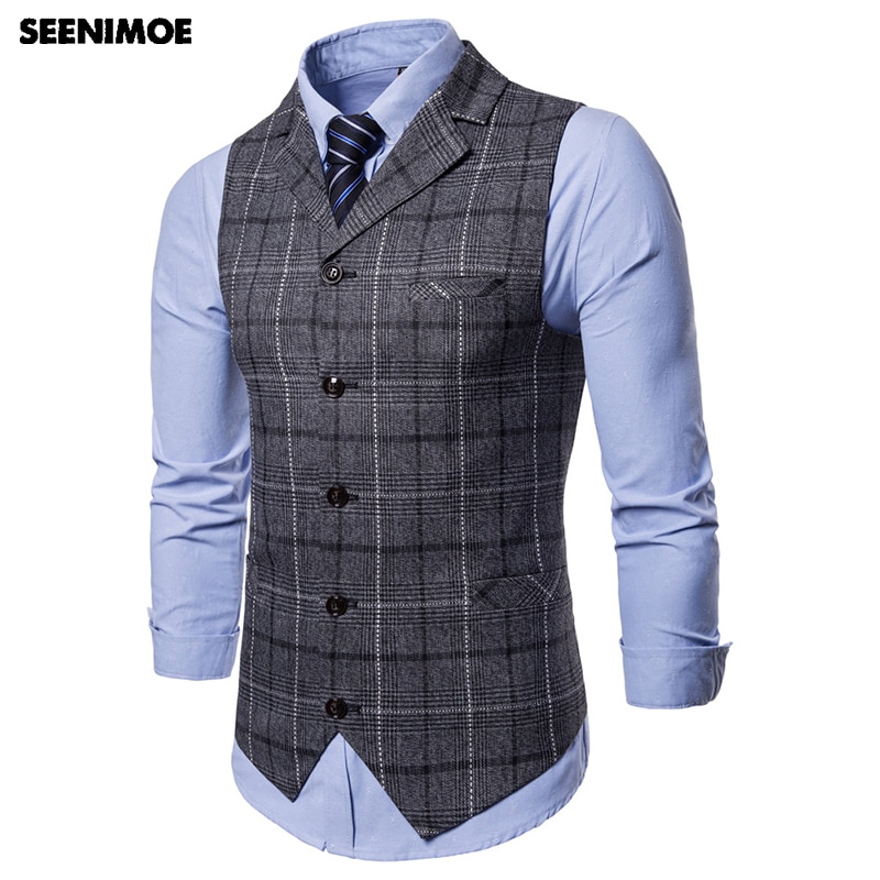 SEENIMOE Mens Hochzeit Weste gestreift Plaid Formale Blazer westen lässig Einreiher V-ausschnitt M-4XL Männlichen Anzug Weste