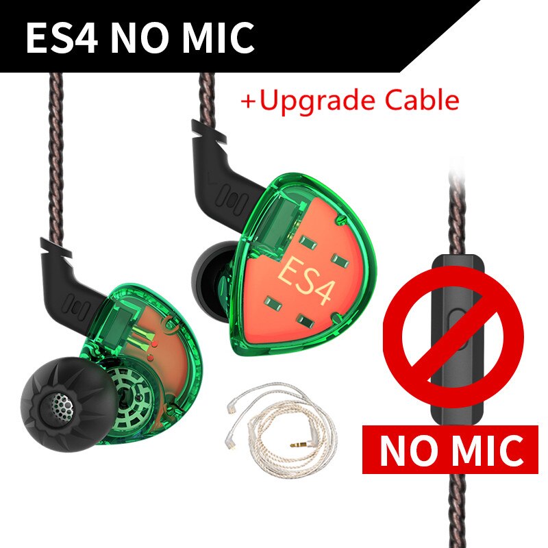 KZ ES4 1BA+1DD Hybrid In-ear Earphone Hifi Dynamic Driver Noise Cancelling Headset Replacement Cable AS10 ZSX ZSX ZST ES3 ZSN: green no mic silver