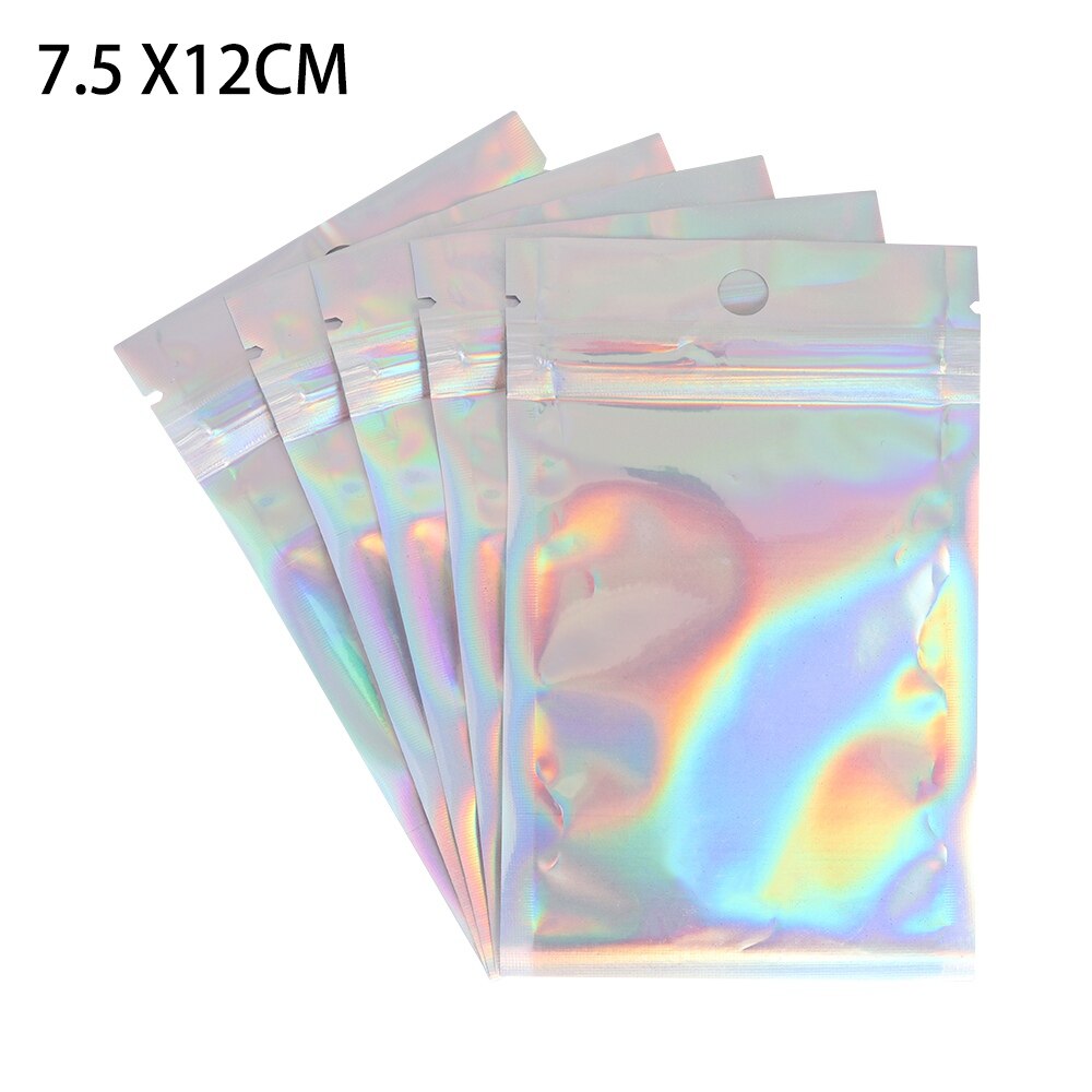 20 Teile/paket Kunststoff Tasche 6 Größen Aluminium Folie Hologramm Lebensmittel Beutel Kleine Wasser Proof Zipper Wiederverschließbaren Beutel: 7.5 X12CM