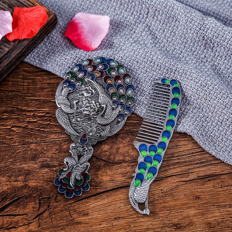 Makijaż lustro chiński Vintage Hollow-out rzeźba Rhinestone lustro zestaw grzebieni z pudełko eleganckie z kieszeniami lustro dla kobiet: 5