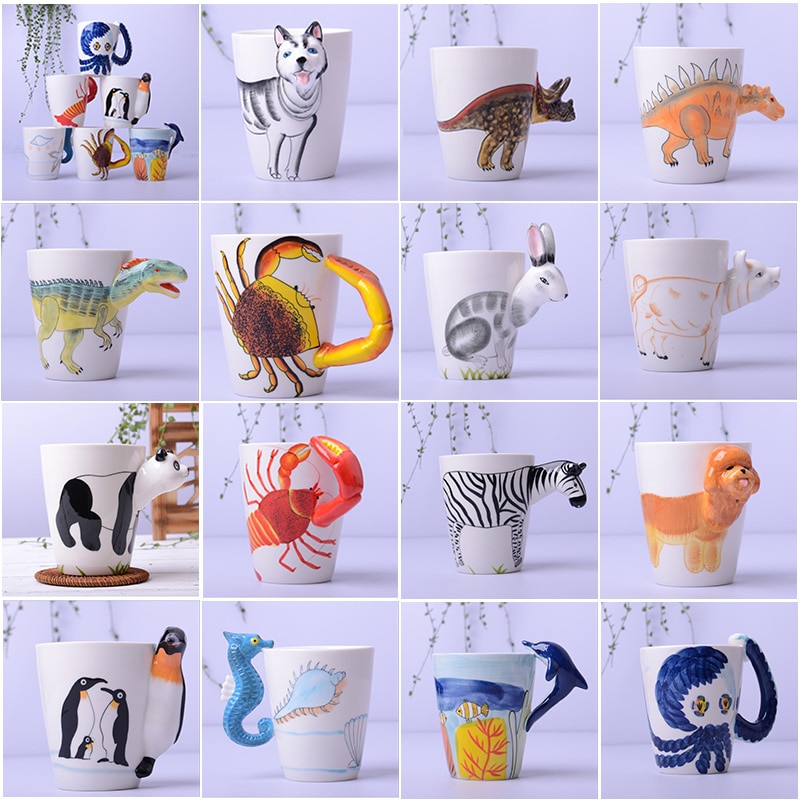 Tasse en céramique 400ml animaux de dessin animé tasse à café et lait tasse de couleur peinte à la main 3d animaux bureau maison enfant tasse