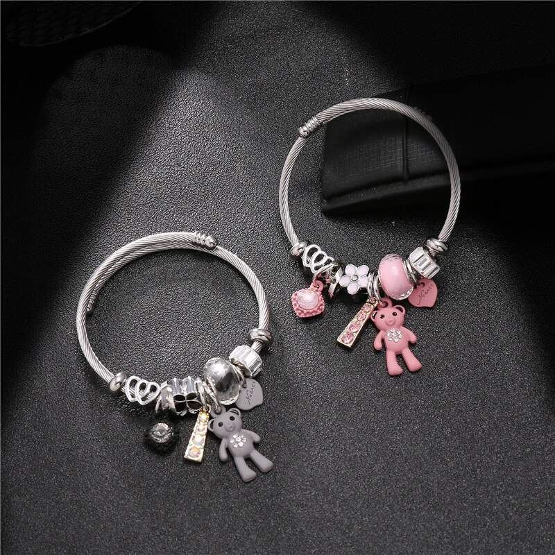 Bracelets &amp; Bangles Stainless Steel DIY Jewelry Big Pink Bear Pendant Hearts Love Women&#39;s Bracelet Cuff Charms Pulseras