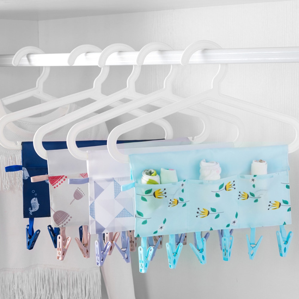 Portable Clothes Hanger Fixed Clip Laundry Drying Rack Clothespin Towel Sock Pegs Pocket Bathroom Hanging Cosmetic Storage Bag
