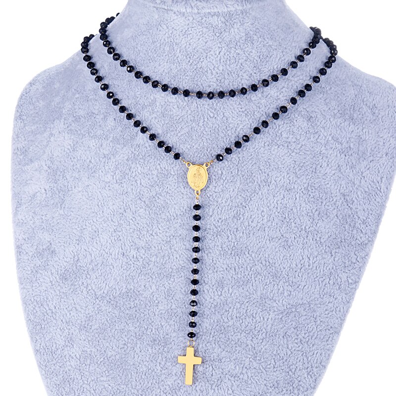 Religious link pearl necklace for women stainless steel cross virgin mary enamel necklace jewelry 60cm(23 ”) long , 1 pc: Gold