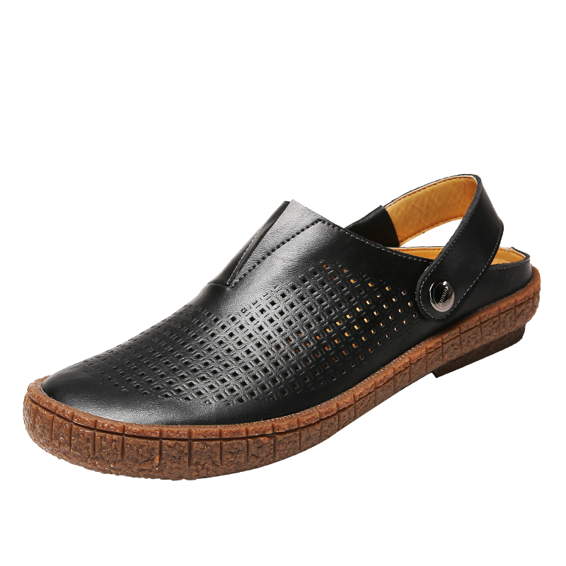 Mænd udendørs casual sandaler håndlavede herre sko sommer strand lejligheder mandlige læder sandal top skridsikre hjemmesko: Sort / 40