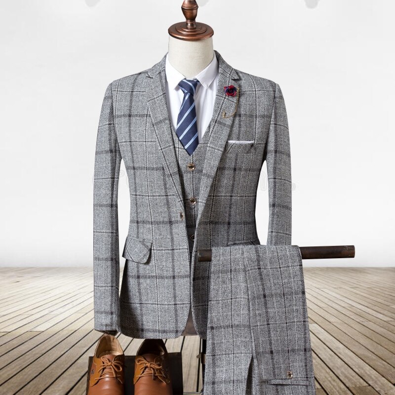 (Jacket + vest + pants) men's slim suit, high-end business plaid suit jacket, men's wedding banquet dress three-piece