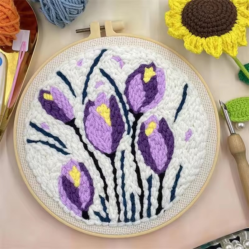 punch needle embroidery kits Flower Pattern Simple Craft Easy for adult beginners yarn painting punch needle Diy Set: Light Grey