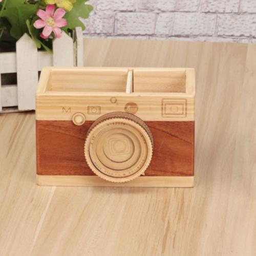 Camera Wooden Pencil Holder Home Desktop Stationarys Makeup Organizer: Default Title