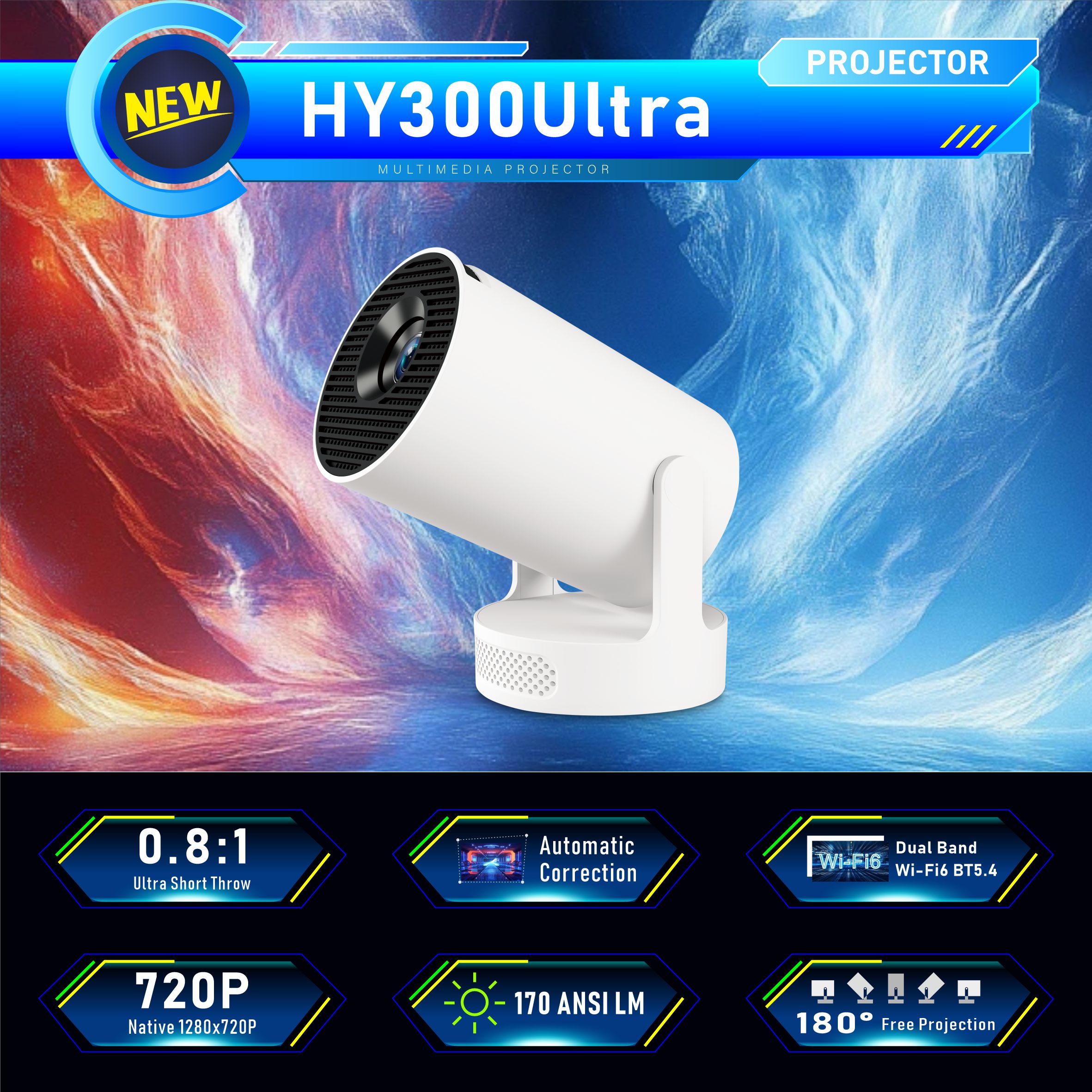 4K HY300Ultra Projector Allwinner H713 Android 11 280ANSI Native 720P Dual Wifi6 BT5.4 Outdoor Portable Projector Home Theater