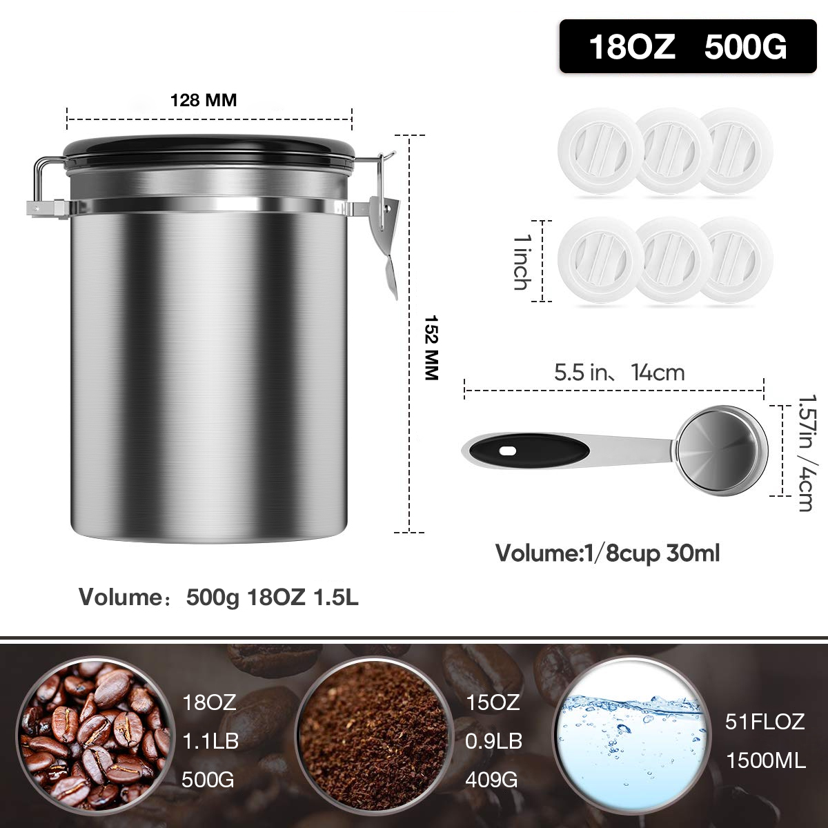 Coffee Storage Container Airtight Stainless Steel Vault Coffee Bean Canister with CO2 Valve to Keep Beans Fresh Grains Candy Jar: Sliver Spoon 1.5L
