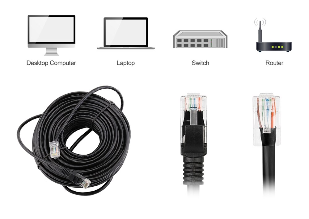 Misecu 10m 20m 30m 50m katt  rj45 lapp utendørs vanntett lan-kabel ledning nettverkskabler svart farge til cctv poe ip kamerasystem