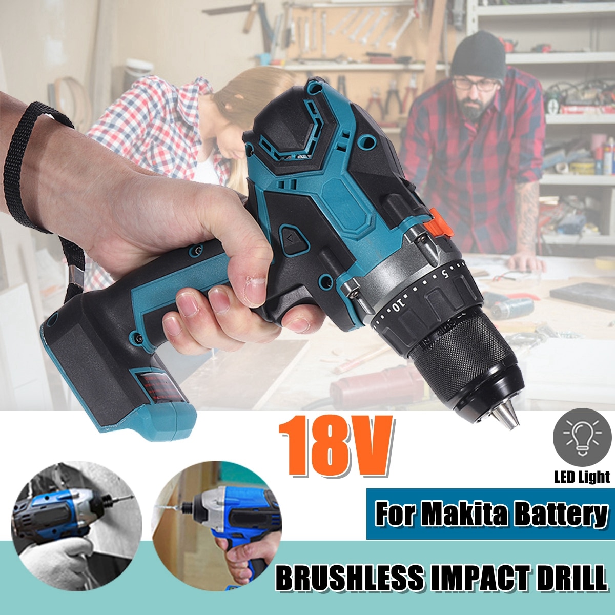 18V 21V Brushless Electric Drill Screwdriver 450Nm with LED Light 13mm Cordless Impact Drill DIY Power Tool for Makita Battery