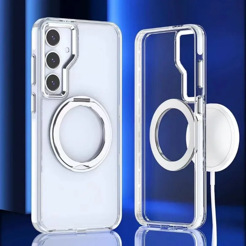 Magnetische Saugnapf-Handyhülle mit drehbarer Halterung für Samsung Galaxis S24 S23 Ultra Plus, transparente, stoßfeste Kunststoff-Konservierungsabdeckung: Eva / Schwarz