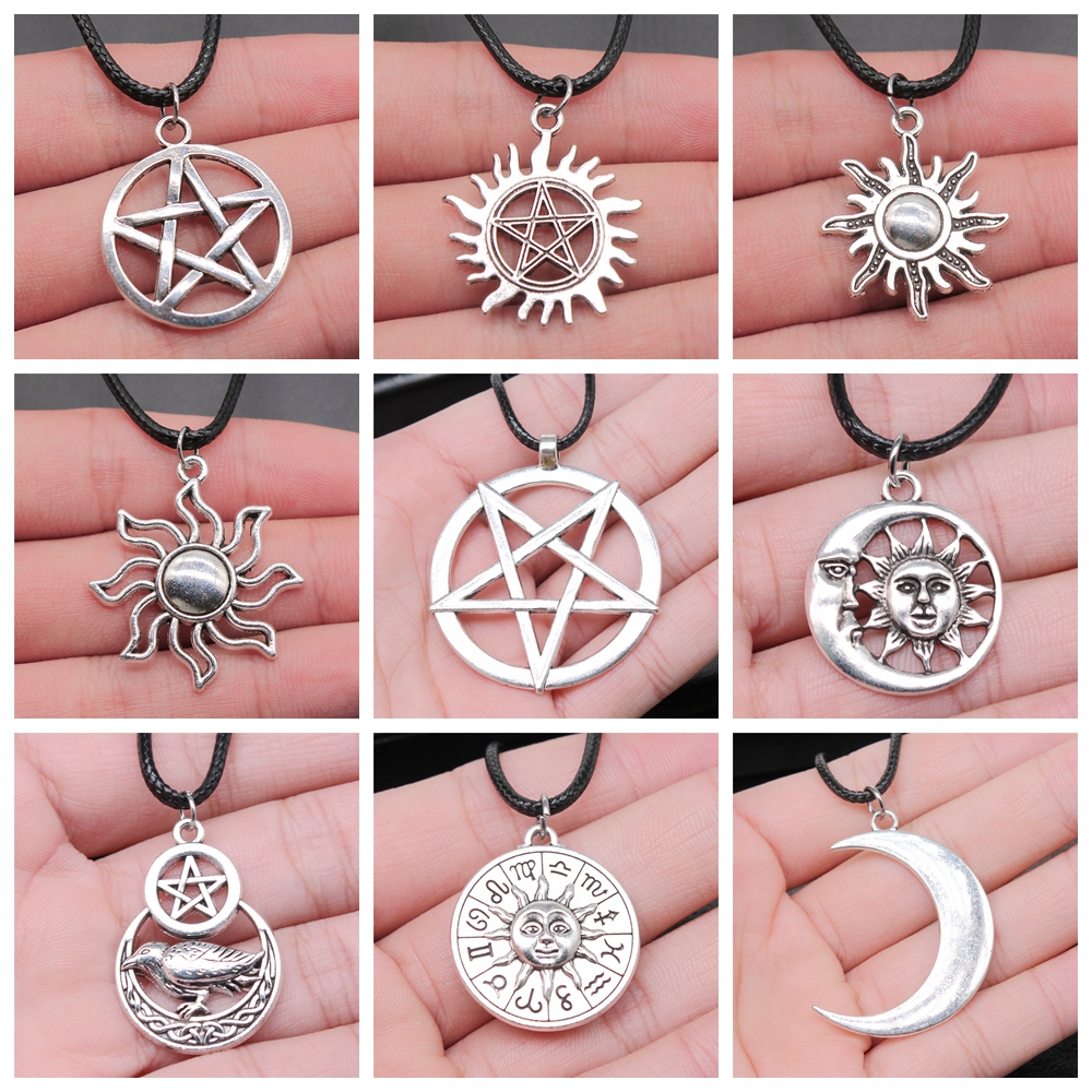30 estilos Unisex amuleto Wicca joyería sol Luna estrella pentagrama colgante collar cordón de cuero negro