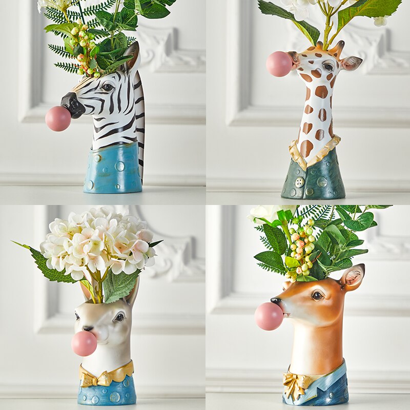 Resin Cartoon Animal Head Vase Flower Pot Bubble Gum Zebra Giraffe Panda Deer Bunny Bear Animal Crafts Decoration