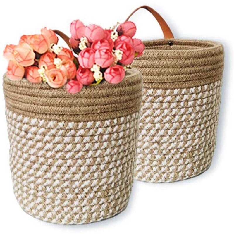 Best 2Pcs Cotton Rope Baskets With Handle- Woven Wall Storage Basket Bins For Decor Home-Basket For Flower Plants