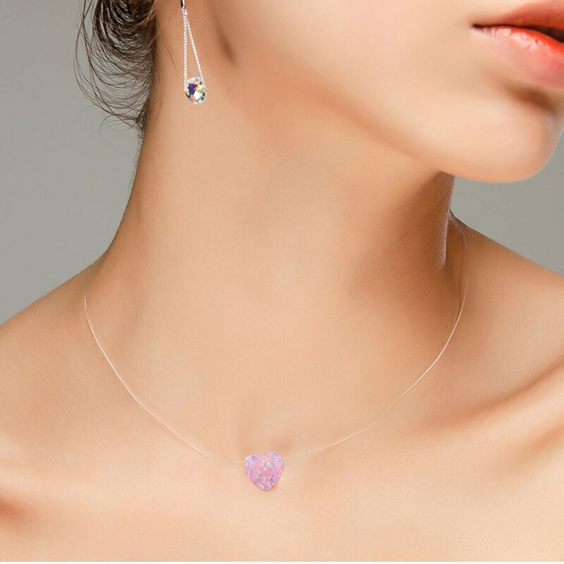 Kvindelig gennemsigtig fiskeline halskæde usynlig kæde lille kærligheds halskæde kvinder harpiks hjerte choker halskæde collier femme