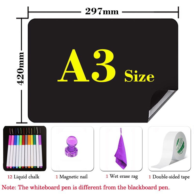 A3 Size Magnetic Bulletin Wall Board Blackboard Chalkboards Whiteboard Fridge Sticker Drawing Message Board Dust-free Liquid Pen: BKA2-12Pen1Rag1T1D