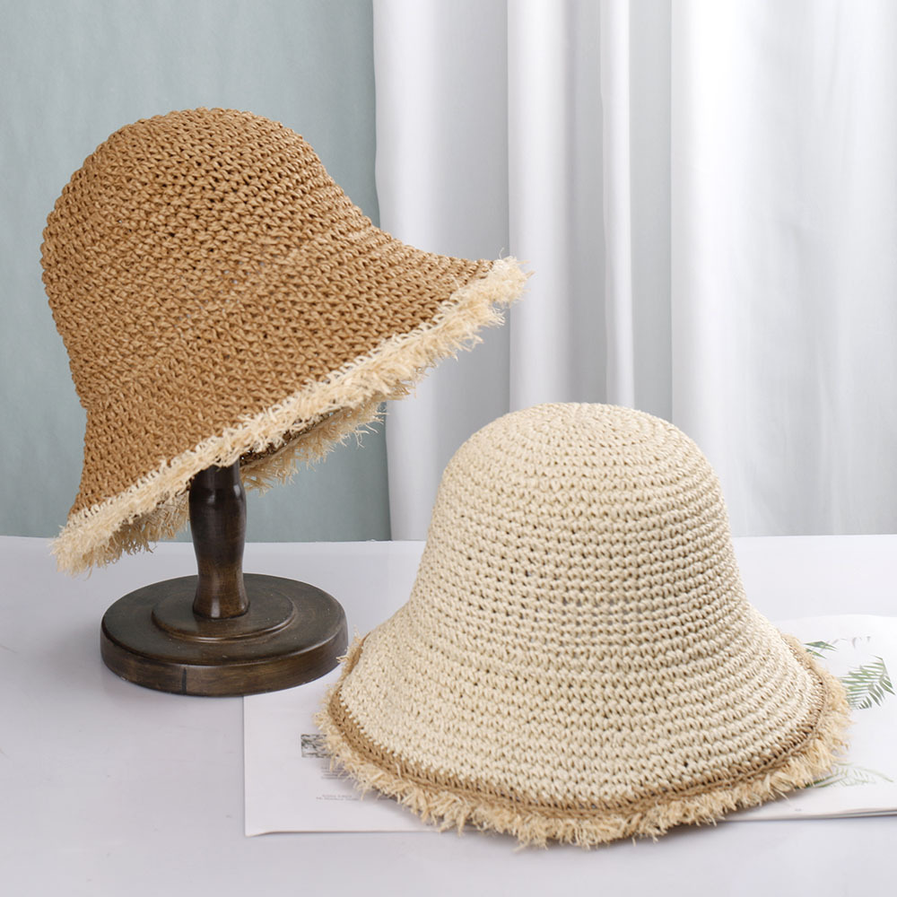 Chapéu de palha de crochê para mulheres verão artesanal oco panamá ráfia papel borla borda praia chapéus uv proteger dobrável viseira de sol