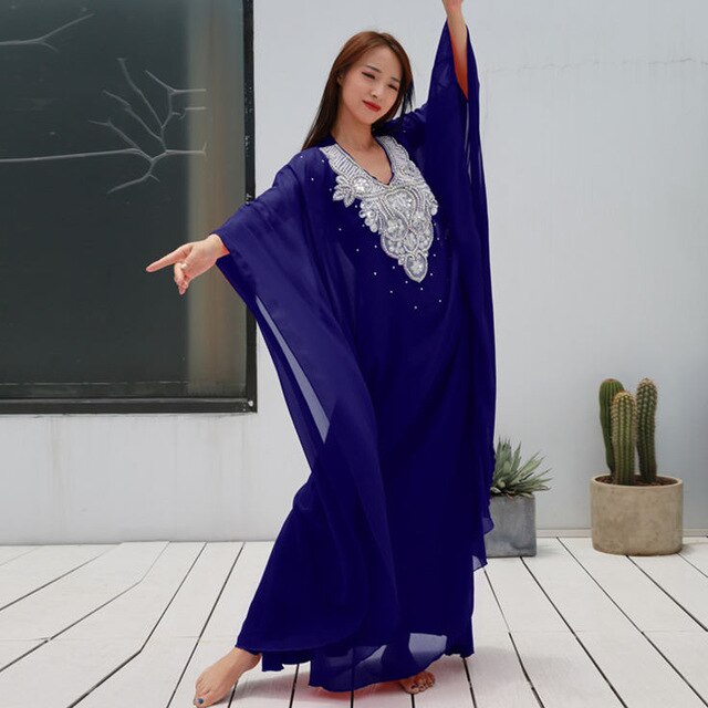Ropa de baile para mujer ropa de danza del vientre vestido caftán con lentejuelas de gasa tradicional Khaleeji Thobe vestidos: Dark blue