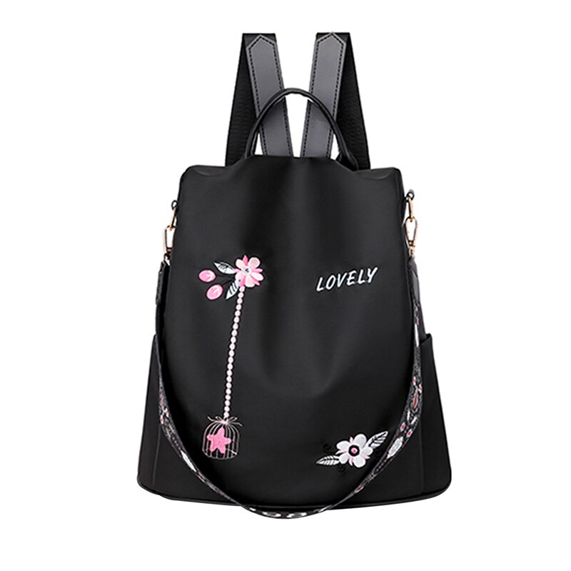 Nova Flor bordado mochila feminina Oxford saco mochila mochila para as mulheres Adolescente meninas juventude anti ladrão bagpack Cáqui Azul: 2