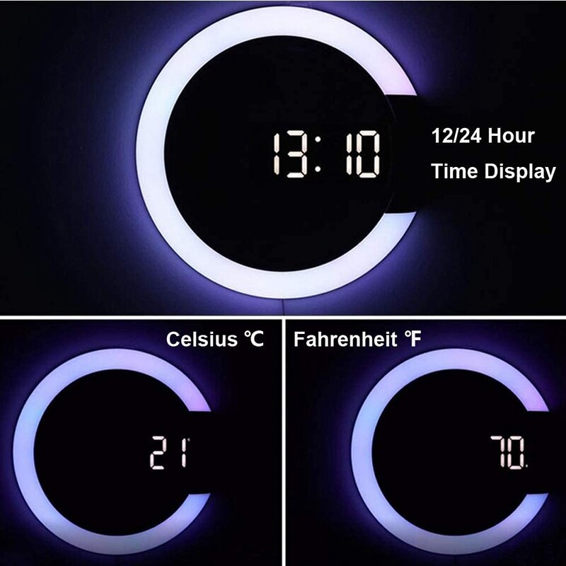 LED Wanduhr, Fernbedienung Digitale Wanduhr Kreative LED Spiegel Zauberstab Uhr mit Alarm/Temperatur Ring