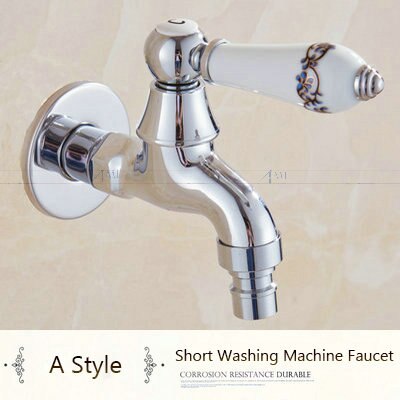Chrome Polish Copper Faucet Porcelian/Jade Handle Garden Bibcock Washing Machine Faucet Outdoor Faucet Single Cold Tap 1015C: Short A Chrome