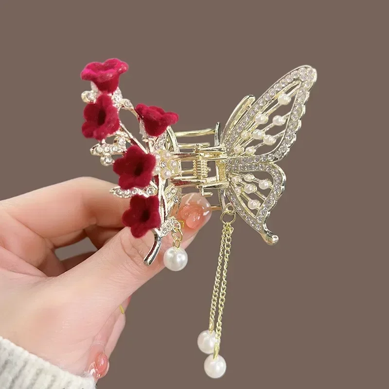 Pinzas de cangrejo y tiburón para niña, accesorios para el cabello, horquilla coreana para mujer, pinza para el cabello Simple de cristal, pinza para el cabello con borla de perlas y mariposa: Azul cielo