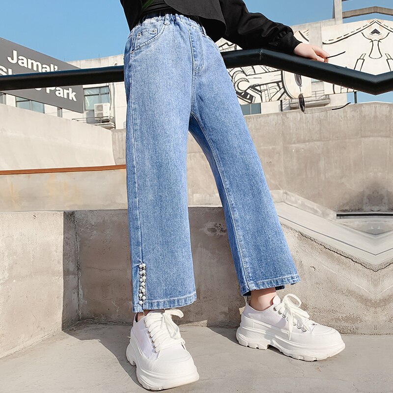 Girls Jeans Wide Leg pants Straight Side Slit pearl Jeans Loose Denim Ankle Trousers Children Girls Clothes