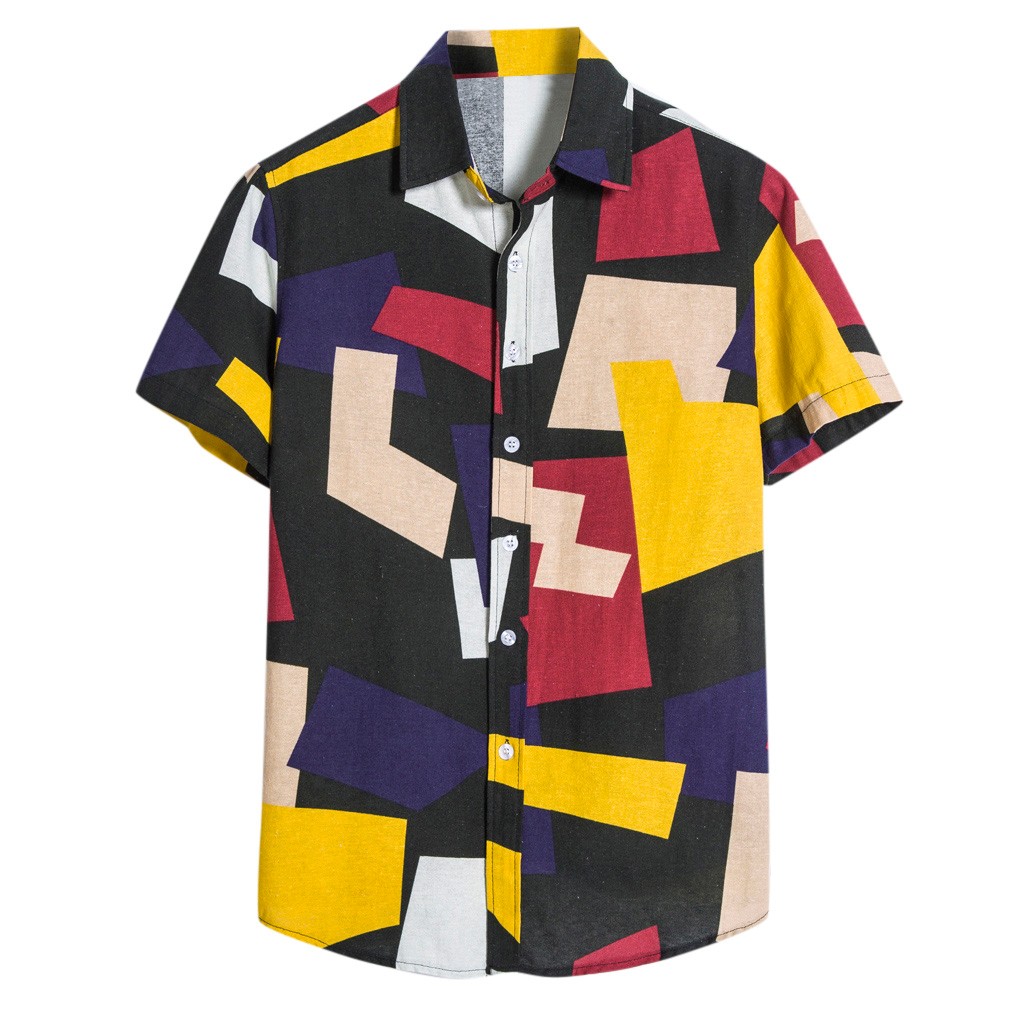 Herre bomuldshør kortærmede afslappet printet hawaiiansk skjorte bluse t-shirt herre etniske patchwork skjorter 3.30: M