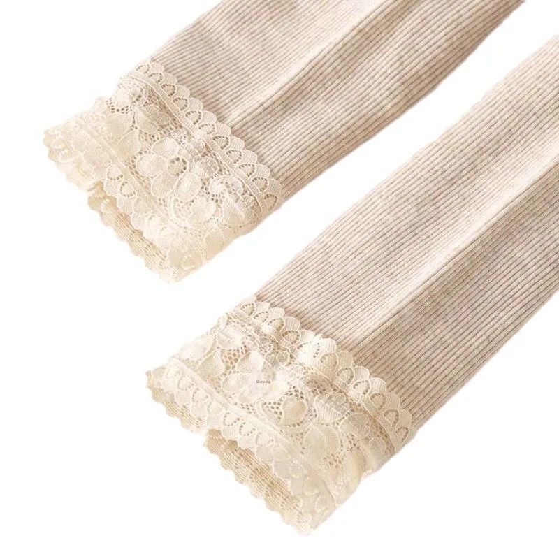 Pantalones de lana gruesa para mujer, mallas térmicas de algodón, adornos de encaje adelgazantes, pantalones cálidos de nueve puntos, rayas verticales, Otoño e Invierno