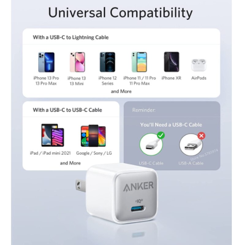 Anker nano pro , 20w piq 3.0 duurzame compacte snellader, usb-c-lader voor iphone 13/13 mini, /13 pro/pro max, /12, , ipad en meer.