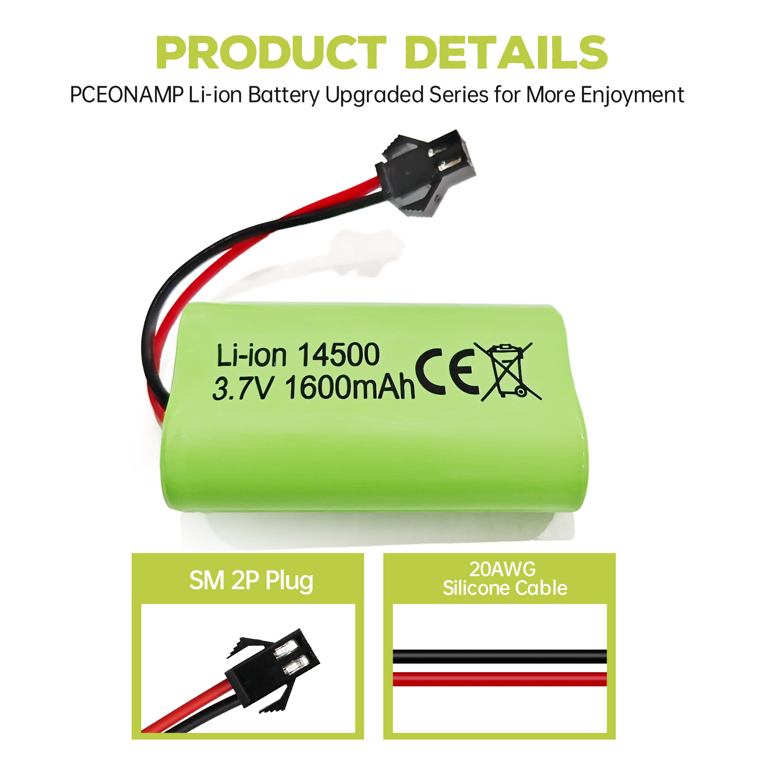 3.7V 1600mAh Li-ion Battery SM-2P Plug with USB Charging Cable for 9962 8837 RC Toy Car,Engineering Vehicle,Truck Backup Battery