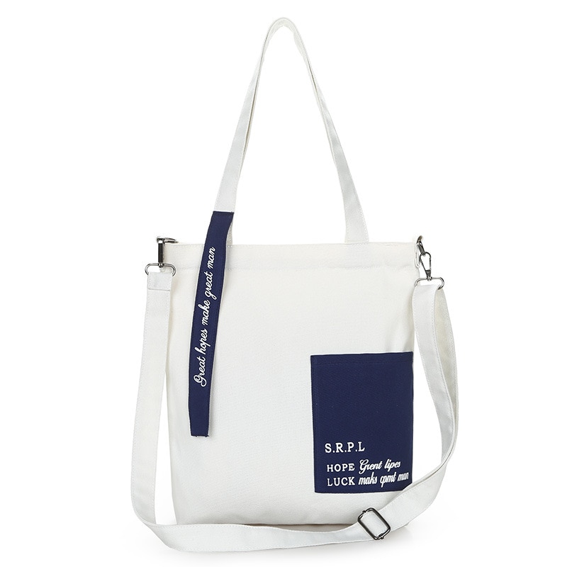 Bolsa de lona ulzzang estilo coreano, bolsa simples de ombro, cor contrastante, para estudantes, proteção ambiental