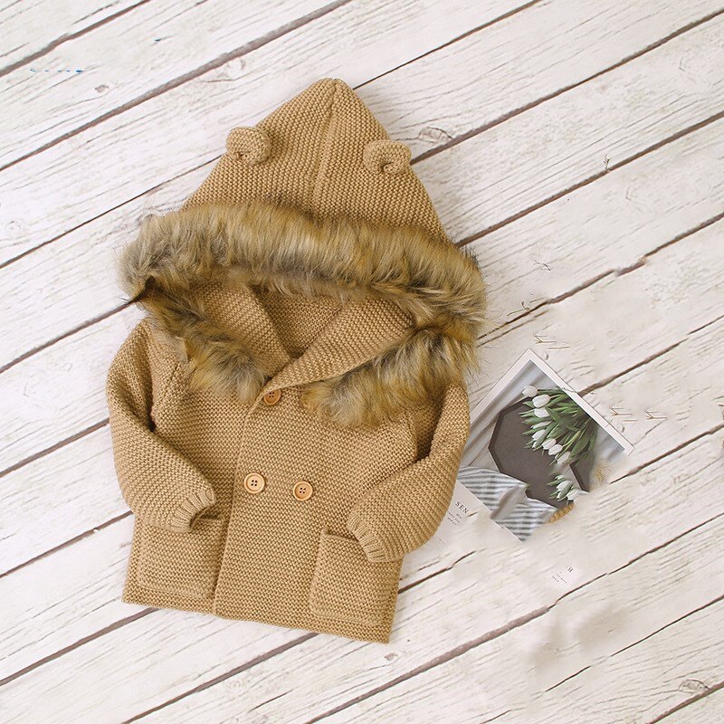 Nowe chłopięce dziewczyny z kapturem z dzianiny swetry łałłosione dekolt dwurzędowy kreskówka ucha odzieży khaki szare kolory 6-24M